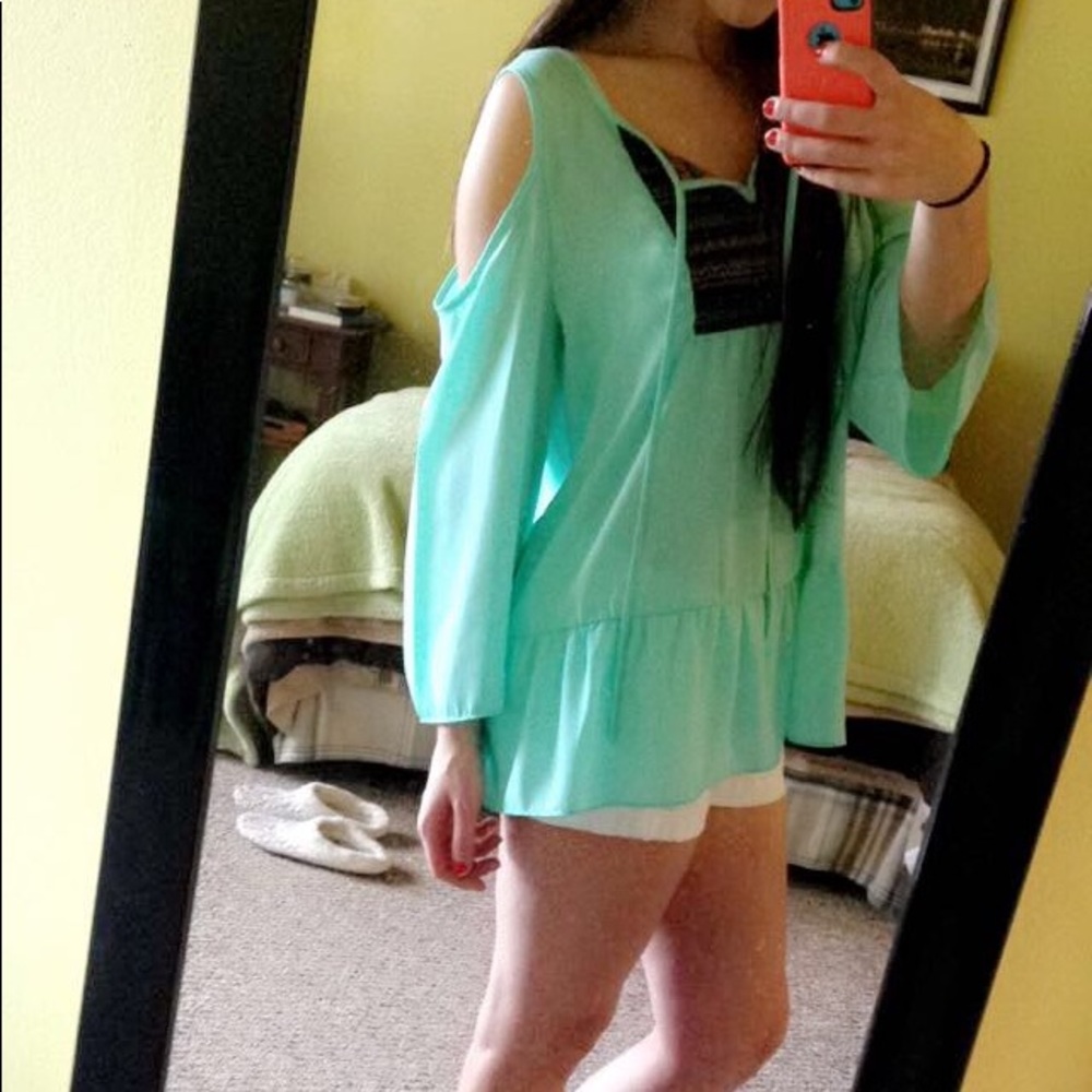 Cold shoulder teal blouse